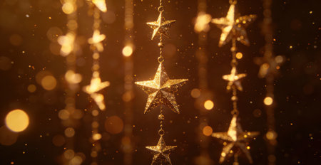 Golden Christmas stars on bokeh background. New Year concept.の素材