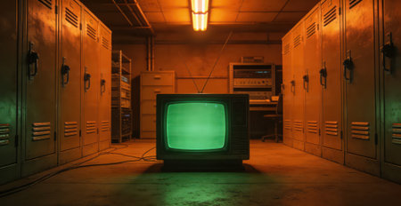 Old TV in a locker room. 3D rendering. Retro style.の素材