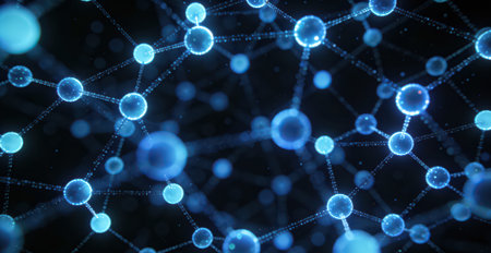 3D rendering of a network of blue spheres connected with lines and dotsの素材