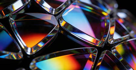 Close up shot of a lot of colorful diamond shapes on black backgroundの素材