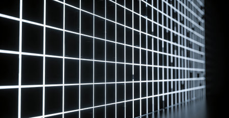 Glowing neon grid on black background, 3d rendering. Computer digital drawing.の素材