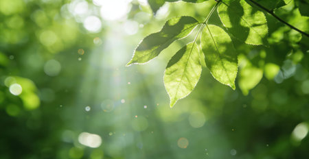 green leaves background in sunny day with bokeh and sunbeamsの素材