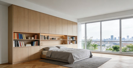 Interior of a modern bedroom with white walls, wooden floor and bookcaseの素材