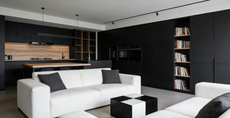 Luxury living room with black walls, concrete floor, black and white sofa and coffee tableの素材