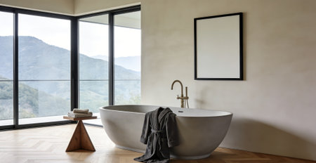 Interior of modern bathroom with white walls, wooden floor, comfortable bathtub and window with countryside view. Mock up poster frame. 3d renderingの素材