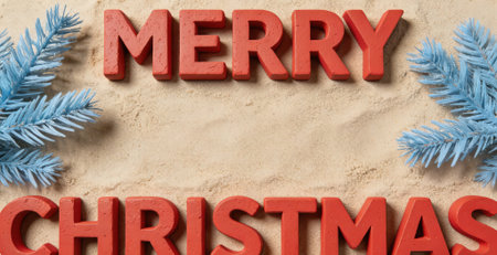 Merry christmas and happy new year on the beach sand backgroundの素材