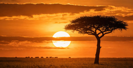 Sunset in Serengeti National Park, Tanzania, Africaの素材