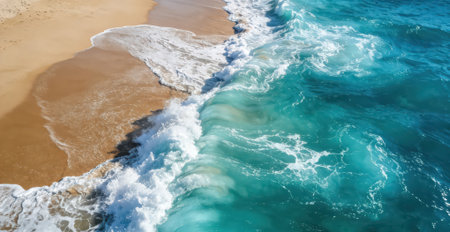 Aerial view of the ocean waves breaking on the sandy beach.の素材