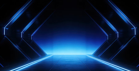 abstract dark blue tunnel with glowing lights and reflections 3d renderingの素材