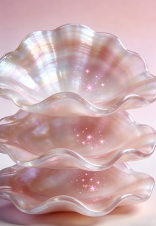 Ceramic seashells on pink background, closeup of photoの素材
