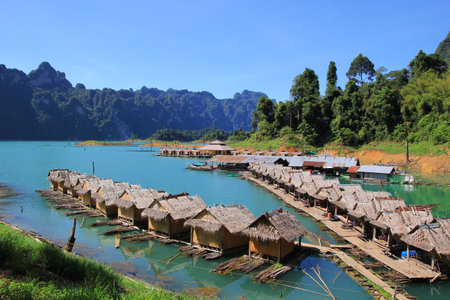 Bamboom floating house in a lake, Suratani, Thailand