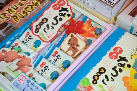 NARA, JAPAN - AUG 12: Souvenir- local cracker deer shaped from Nara city selling on August 12, 2011のeditorial素材