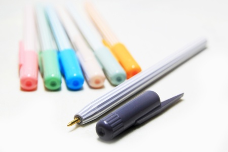 color ballpens on white backgroundの写真素材