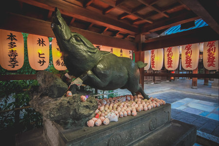 Statue of pig in the Japanese shrine in Kyotoのeditorial素材