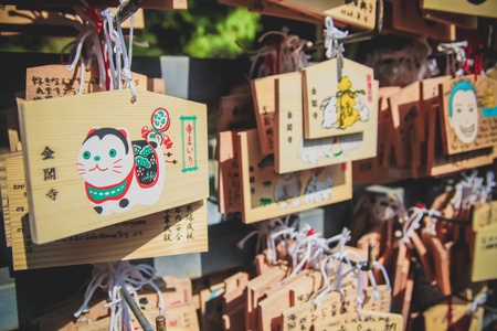 Ema - Japanese wood plates for writing somthing wished in the famous shrine in Kyoto, Japanのeditorial素材