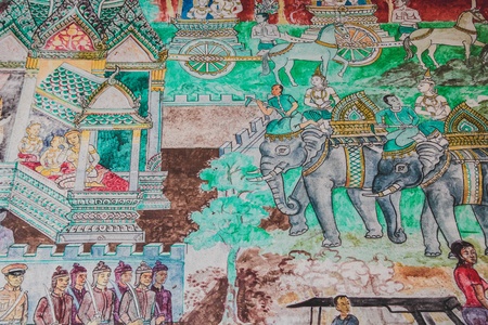 Thai mural in the Temple at Chaing Khan district in Loei province Thailandのeditorial素材