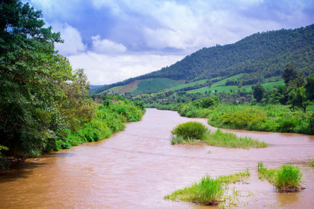 Natural scene of river and mountain in Maejam, Chiagmai, Thailandの写真素材