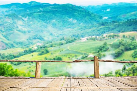 Bamboo terrace with view of blurry mountain view on the Northern of Thailand, Chiangrai province.の写真素材