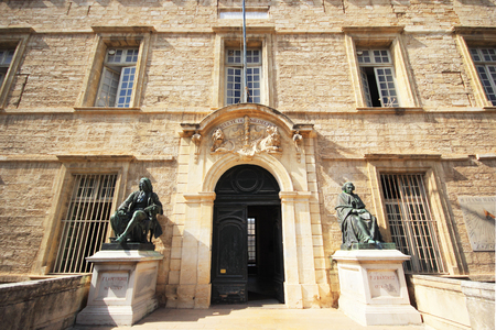 MONTPELLIER, FRANCE - JULY 2: Entrance of the Medical University and the Montpellier Cathedral, Montpellier, Languedoc-Roussillon, France on July 2, 2015 in Montpellier.のeditorial素材