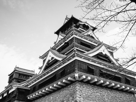 Kumamoto castle in monochrome black and white,the landmark in Kyushu, Japanのeditorial素材