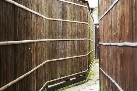 Japanese wooden wall perspective for background conceptの写真素材