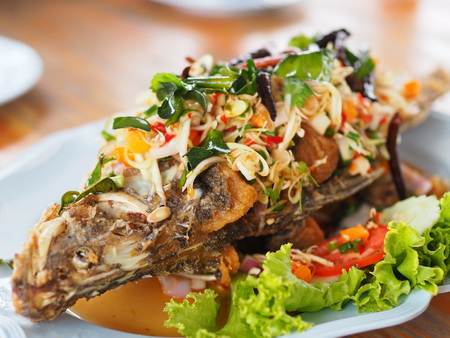 Fried fish with mixed herb on dish selling in Thai restaurantの写真素材