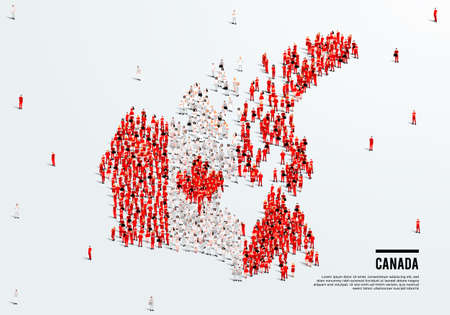 Canada Map and Flag. A large group of people in Canadian flag color form to create the map. Vector Illustration.のイラスト素材