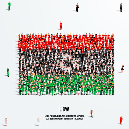 Libya Flag. A large group of people form to create the shape of the Libyan flag. Vector Illustration.のイラスト素材