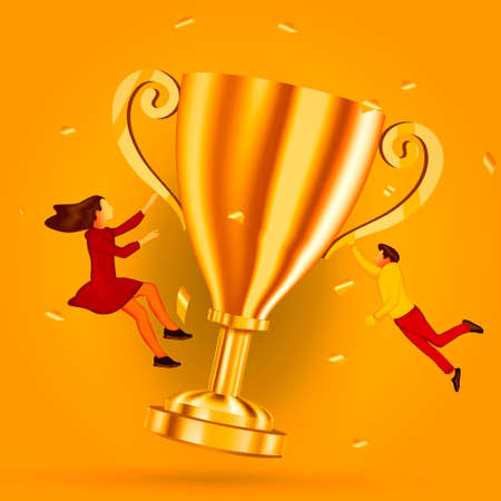 People flying around the golden giant champion cup. Winner, teamwork or success concept. Modern flat vector illustration.のイラスト素材