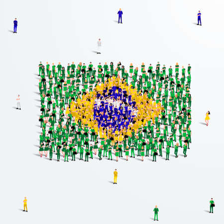 Brazil Flag. A large group of people form to create the shape of the Brazilian flag. Vector Illustration.のイラスト素材