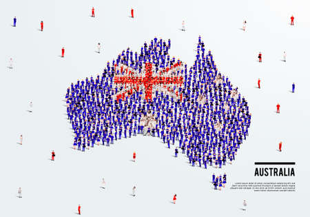 Australia Map and Flag. A large group of people in Australian flag color form to create the map. Vector Illustration.のイラスト素材