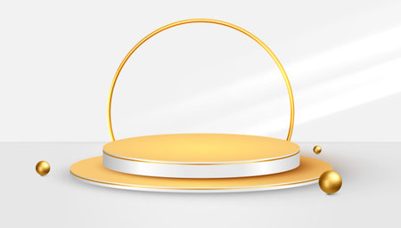 3d golden podium or stage with a spotlight on a white background, the first place, fame and popularity. Vector illustration for product presentation, showcase, promotion, sale.のイラスト素材