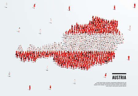 Austria Map and Flag. A large group of people in the Austrian flag color form to create the map. Vector Illustration.のイラスト素材