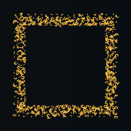 Flying finance or currency icons. Collection of currency symbols in a square shape - dollar, pound, rupee, euro, yen icons set. vector Illustration.のイラスト素材