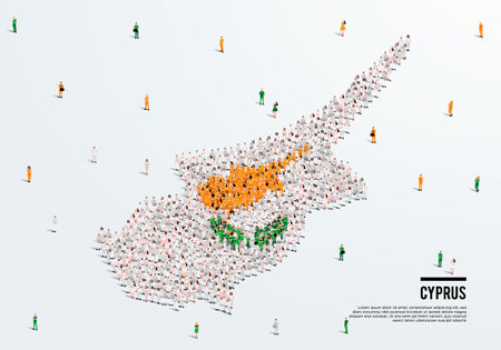 Cyprus Map and Flag. A large group of people in the Cyprus flag color form to create the map. Vector Illustration.のイラスト素材