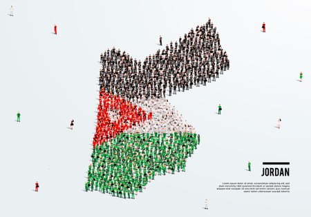 Jordan Map and Flag. A large group of people in the Jordan flag color form to create the map. Vector Illustration.のイラスト素材