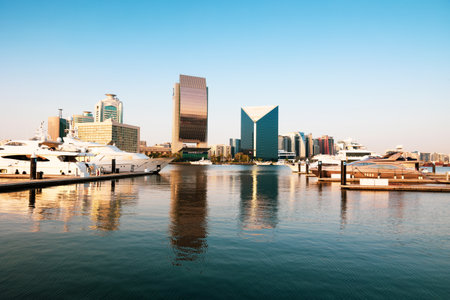 Dubai, UAE, 26 May 2021: Al Seef district in Dubai in the evening. Creek Bur Dubai is a place of Old Traditional Emirati Architectural Building Houses Shops or Souqのeditorial素材