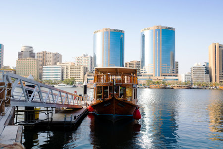 Dubai, UAE, 26 May 2021: Al Seef district in Dubai in the evening. Creek Bur Dubai is a place of Old Traditional Emirati Architectural Building Houses Shops or Souqのeditorial素材