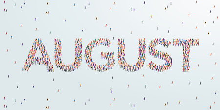 Month August. Large group of people form to create August. Vector Illustration.
