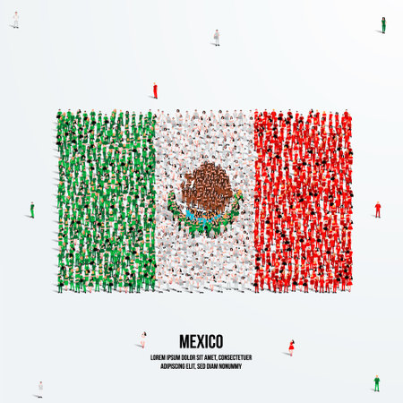 Mexico Flag. A large group of people form to create the shape of the Mexican flag. Vector Illustration.のイラスト素材