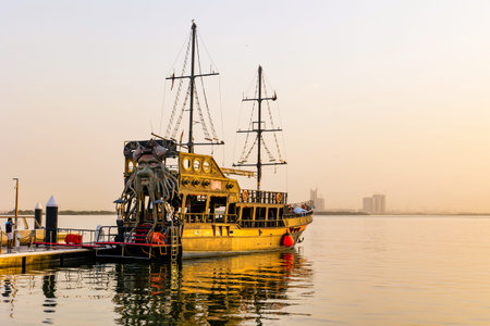 Dubai, United Arab Emirates - June 23, 2021: Black Pearl Pirate Ship by Tour Dubai, docked at Dubai...
