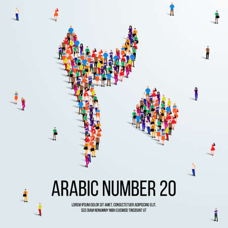 large group of people form to create the number 20 or Twenty in Arabic. People font or Number. Vector illustration of Arabic number 20.のイラスト素材