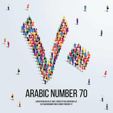 large group of people form to create the number 70 or Seventy in Arabic. People font or Number. Vector illustration of Arabic number 70.のイラスト素材