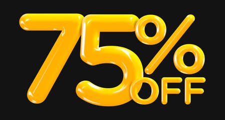 75 percent Off. Discount creative composition of golden or yellow balloons. 3d mega sale or seventy five percent bonus symbol on black background. Sale banner and poster. Vector illustration.のイラスト素材