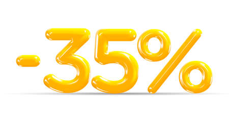 35 percent Off. Discount creative composition of golden or yellow balloons. 3d mega sale or thirty five percent bonus symbol on white background. Sale banner and poster. Vector illustration.のイラスト素材