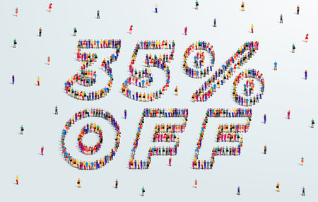 35 Percent off. Large group of people form to create a shape 35% off. Special Offer Sale Design. Vector Illustration of advertising banner.のイラスト素材