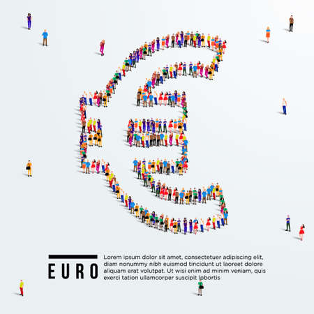Euro sign. Large group of people form to create euro sign. Vector illustration. Currency of Europe.のイラスト素材