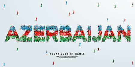 A large group of people stands, making up the word Azerbaijan. Azerbaijan flag made from people. Vector illustration isolated on white background.のイラスト素材