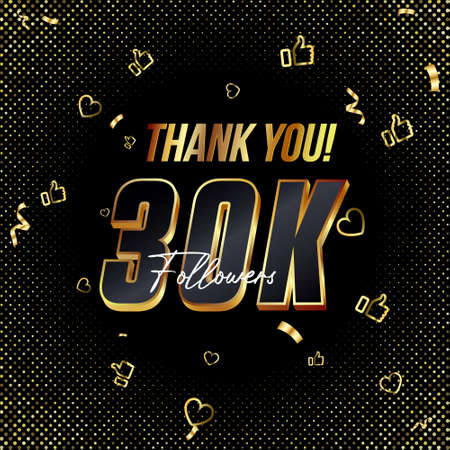 Thank you 30K followers 3d Gold and Black Font and confetti. Vector illustration 3d numbers for social media 30000 or Thirty Thousand followers, Thanks followers, blogger celebrates subscribers, likesのイラスト素材