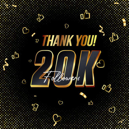 Thank you 20K followers 3d Gold and Black Font and confetti. Vector illustration 3d numbers for social media 20000 or Twenty Thousand followers, Thanks followers, blogger celebrates subscribers, likesのイラスト素材
